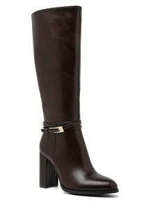 Bottes Hautes In Cuir Lisse à Talon Épais – L'Élégance Graphique Moderne - Brown - View 1