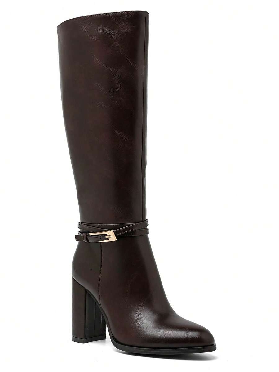 Bottes Hautes In Cuir Lisse à Talon Épais – L'Élégance Graphique Moderne - Brown - View 1