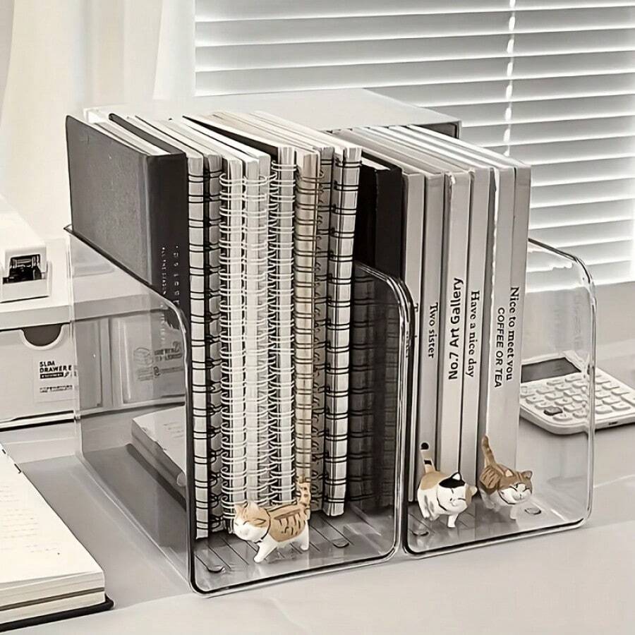 2 piezas Organizador de archivos de plástico, soporte de archivos acrílico transparente, estantería de escritorio, caja de almacenamiento, adecuado para libros, suministros de oficina, revistas, almacenamiento de moda para el hogar y la oficina - 2 piezas transparentes - Ver 1