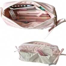 1 buah Tempat Pensil Resleting Kapasitas Besar Motif Polkadot dan Pita Warna Putih & Pink yang Lucu, Tas Penyimpanan Alat Tulis Siswa, Organizer Kain Multifungsi - Pilihan Sempurna untuk Musim Kembali ke Sekolah - Tempat pensil motif pita polkadot - View 9