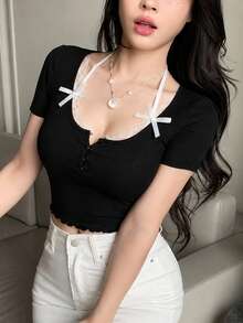 2026 Summer New Sweet Solid Color 3D Floral Hollow Sexy Knit Short Sleeve Top, Girly Ruffled Hem Cropped Cardigan Black - Black - View 5