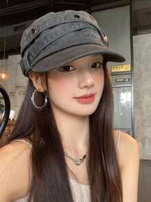MESHUOKAI 1件復古鉚釘水洗平頂帽，小眾美式復古貝雷帽，大尺寸帽子，做舊磨損風格 - 多色 - 查看 12