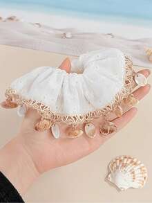 Embroidered Shell Tassel Lace Hair Scrunchie, Women's High-End Fashion Half-Up Ponytail Hair Tie, Beach Vacation Accessory - Multicolor - View 8