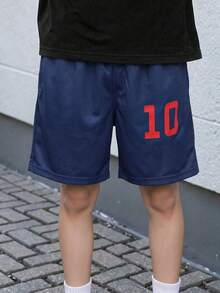 1pc Tween Boys' Comfortable Football & Outdoor Sports Style Shorts, Popular Spring/Summer Item - Blue - View 1