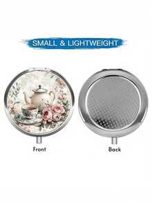 1pc Vintage Tea Party Pill Box, 3-Compartment Metal Mini Design, Teapot & Rose Elegant Pattern, Portable Storage, High-Quality Daily Medication Gift Box - Multicolor - View 6