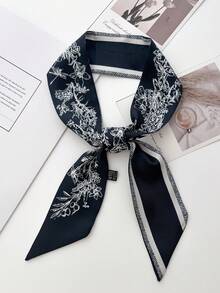 1PC Women's Spring/Summer Faux Silk Floral Print Ribbon Decorative Scarf, Versatile Accessory For Bag Tie, Hairband, Daily Wear - Navy Blue - View 5