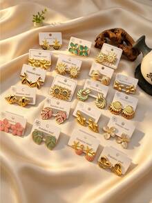 4/8/16/24 Pieces Vintage Sunflower Spiral Stainless Steel Earrings, Gold Tone, Elegant Women's Accessory, Suitable For Everyday Wear - Multicolor - View 3