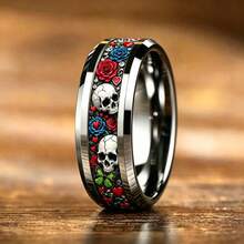 1pc Cyberpunk Red Rose Flower And Skull Ring Gothic Punk Men Stainless Steel Rings No Fade Rock Biker Jewelry Halloween Gift - Silver - View 3