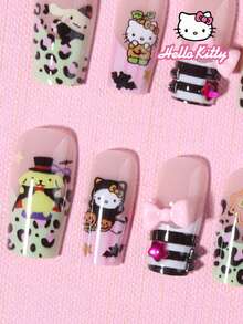 Sanrio Hallowmas Hello Kitty 24片 Y2K 中號方型豹紋法式穿戴甲，附可愛 Hello Kitty、Pompompurin、Cinnamoroll 圖案、蝙蝠、蝴蝶結與水鑽設計，適合壓克力假指甲套組，含 1 瓶果凍膠與 1 個指甲锉 - 彩色 - 查看 4