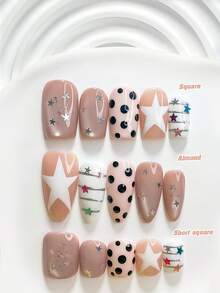 10件甜美風手工穿戴式美甲，Polygel美甲套組，星星、波點與線條設計，白色、粉色與黑色指甲油色，附美甲工具，3種尺寸可選，方形、短方形、杏仁形，適合派對、跳舞、日常配戴 - 彩色 - 查看 1