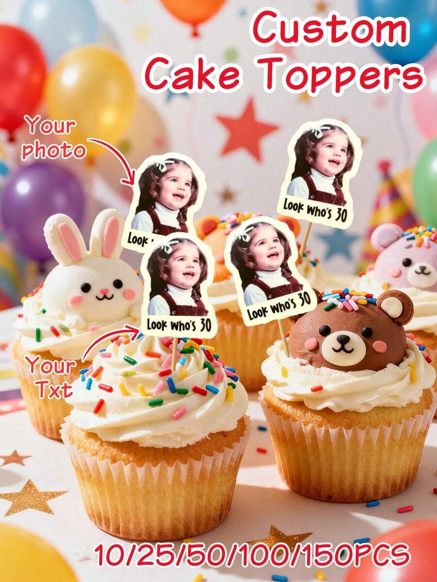 10/25/50/100/150pcs DIY Customized Photo + Text Cake Toppers, Personalized Cake Decorations, Custom Name Decor, Birthday Anniversary Wedding Use, Custom Face Stickers, Custom Text Funny Birthday Decor, Tabletop Decoration - Multicolor - View 1