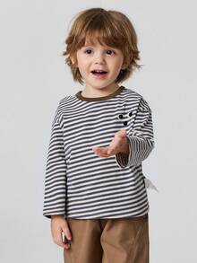 mini bala Kids Cotton Striped Brushed Soft Long Sleeve T-Shirt Cute Style Comfy Base Top 2026 Autumn New Arrival - White and Blue - View 1
