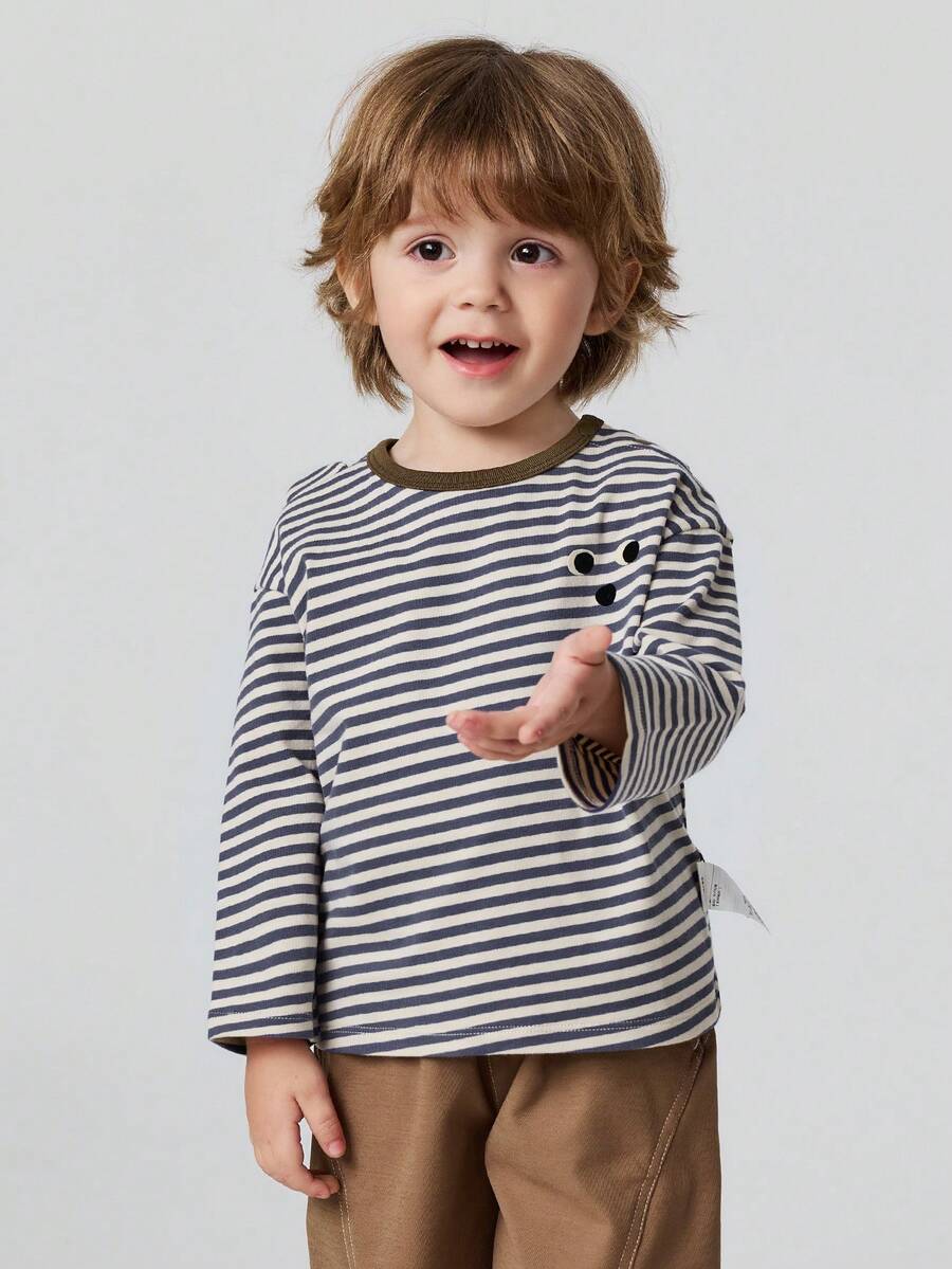 mini bala Kids Cotton Striped Brushed Soft Long Sleeve T-Shirt Cute Style Comfy Base Top 2026 Autumn New Arrival - White and Blue - View 1