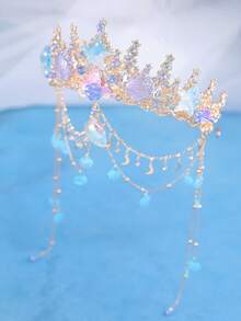 KOVLYNE 1件裝美人魚海洋皇冠髮飾，金色水晶海星與貝殼新娘髮飾，附金色流蘇鏈條，夢幻婚禮女性配件 - 金色 - 查看 5