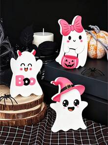 3pcs Cute Halloween Ghost PVC Desktop Decor, Pink Kawaii Ghost Ornament With Witch Hat, Pumpkin Bucket And Bow, Halloween Desktop Decoration, Spooky Holiday Home Decor, Shelf Display, Tiered Tray Decoration, Indoor Party Decor, Cute Halloween Gift Room Decor Halloween Decor - A - View 4