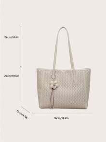 1pc Women's Solid Color PU Middle Compartment Shoulder Tote Bag, Large Capacity, Suitable For Outing, Shopping, Dating, Gift - Beige - View 3