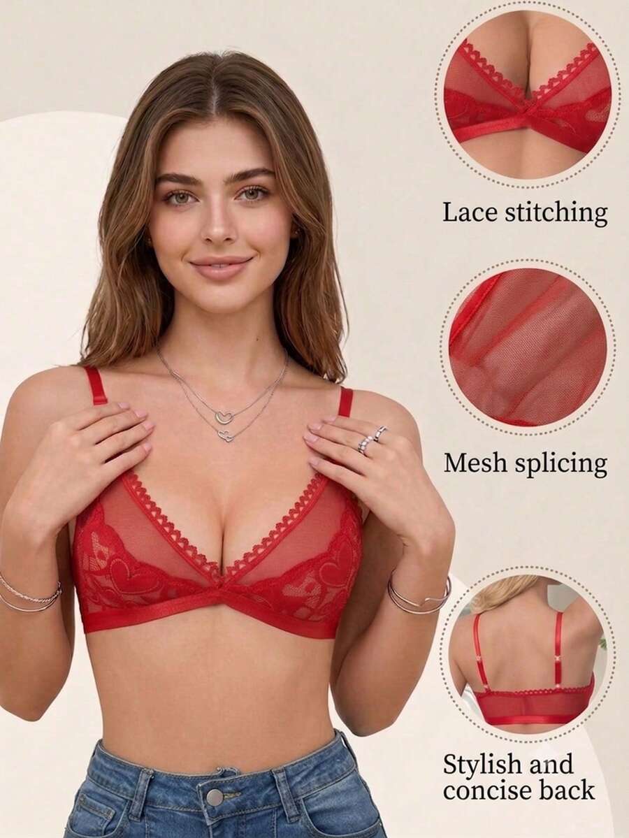 Women's Red Heart Lace Patchwork French Comfortable Lingerie - Red - View 1