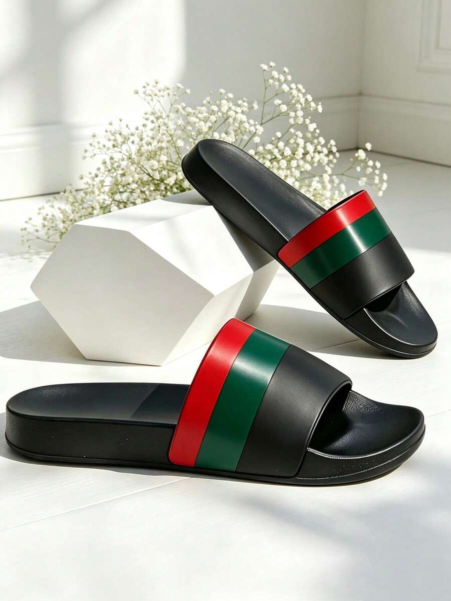 1雙紅綠黑配色色塊黑底一腳蹬拖鞋 軟底彈性 適合室內、戶外、沙灘與沙地 - 黑色 - 查看 1