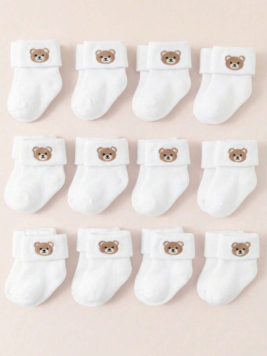 6雙嬰兒熊圖案純白色極簡休閒翻蓋襪,時尚可愛,新生兒幼兒襪 - 彩色 - 查看 1