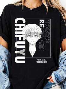 Camiseta de Anime Tokyo Revenger Chifuyu Talla Grande Negra con Gráfico de Tokyo Manji y Logo de Chifuyu Camiseta Casual de Cuello Redondo para Look Casual & Fans de Anime X2CO - Negro - Ver 1