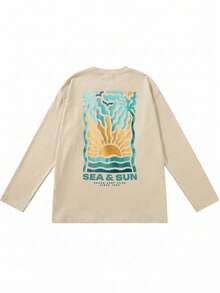 SEA&SUN Wave Sunrise Palm Tree Loose Long Sleeve T-Shirt Men Spring Autumn Apricot Beach Vacation Base Layer - Apricot - View 4