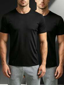 2pcs Men's Solid Color Crew Neck Short Sleeve Tops, Casual Fashion Home Wear For Spring, Summer, Autumn, Suitable For Casual Wear, Daily Activities, Fitness - Multicolor - View 4