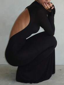 Kliou Simple Classic Solid Backless Maxi Dress Women Elegant O-Neck Evening Long Sleeve Dresses Robe Slim Autumn High Street Bodycon - Black - View 8