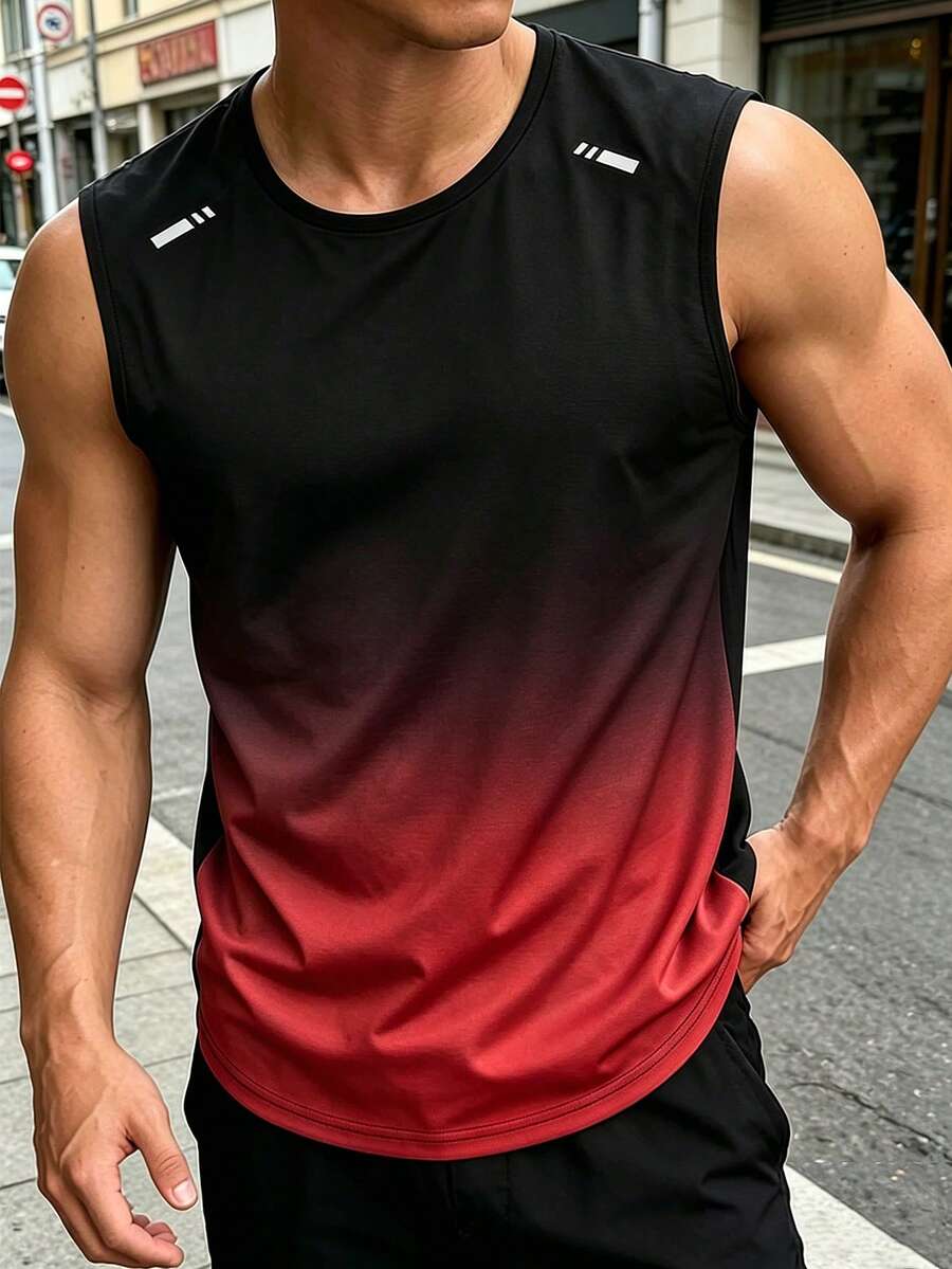 男士漸層運動背心,夏季圓領無袖健身跑步上衣 - 紅色 - 查看 1