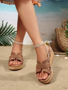 Sandalias de cuña con flor plateada, sandalias de plataforma con tiras para mujer, pantuflas casuales de verano metálicas sin cordones - Marrón - Ver 4