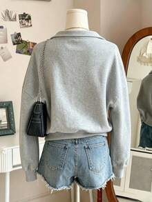 8-12 Years Old Girls Solid Color Half-Zip Collar Sweatshirt, Casual Drop Shoulder Long Sleeve Pullover Sweatshirt, Basic Loose Fit Top, Suitable For School Daily Wear - Grey - View 5