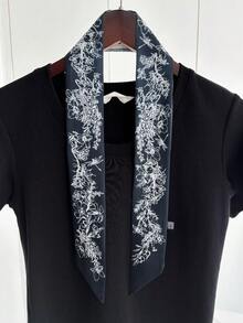 1PC Women's Spring/Summer Faux Silk Floral Print Ribbon Decorative Scarf, Versatile Accessory For Bag Tie, Hairband, Daily Wear - Navy Blue - View 2