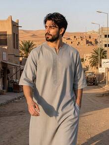 Middle Eastern Men's Embroidered Long Robe, Moroccan Men's Long Robe With Side Pockets, Islamic Men's Thobe - Light Grey - View 1