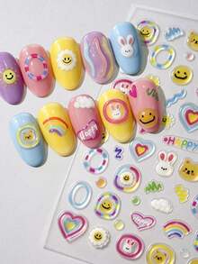 Dopamine-Style 5D Embossed Nail Art Stickers Featuring Colorful Bunnies Hearts And Jelly-Effect Designs Along With Cute Rabbits And Bears For DIY Nail Decoration - 彩色 - 查看 2