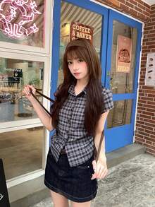 女款 Polo 領短袖格紋襯衫 夏季新款 收腰設計 獨特時尚上衣 - 藍色 - 查看 7