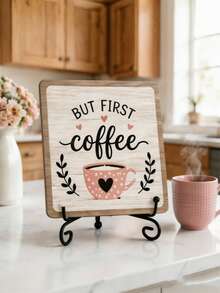 1pc "Coffee Makes Everything Better" Wooden Desktop Decor Sign, Pink Rustic Coffee Bar Decor Sign With Metal Stand, Farmhouse Coffee Theme Desktop Decoration, Suitable For Home Coffee Corner, Kitchen Countertop, Coffee Shop And Coffee Lover Gift - Coffee Sign 2 - View 2