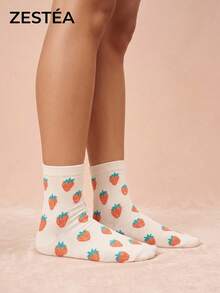 1 par de calcetines de media caña con estampado de fresas blancas, unisex, patrón de fruta lindo, calcetines de media caña de poliéster, transpirables y absorbentes de sudor, calcetines casuales novedosos - Multicolor - Ver 2
