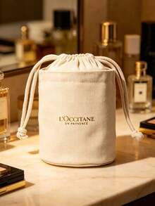 L'Occitane Off-White Linen-Style Cylindrical Drawstring Makeup Bag, Large Capacity Fabric Cosmetic Organizer Pouch, Portable Toiletry Storage Bag For Commute, Travel And Travel, Minimalist Ins-Style Cylindrical Storage Bag, Birthday Holiday Gift For Best Friend - Champagne - View 7
