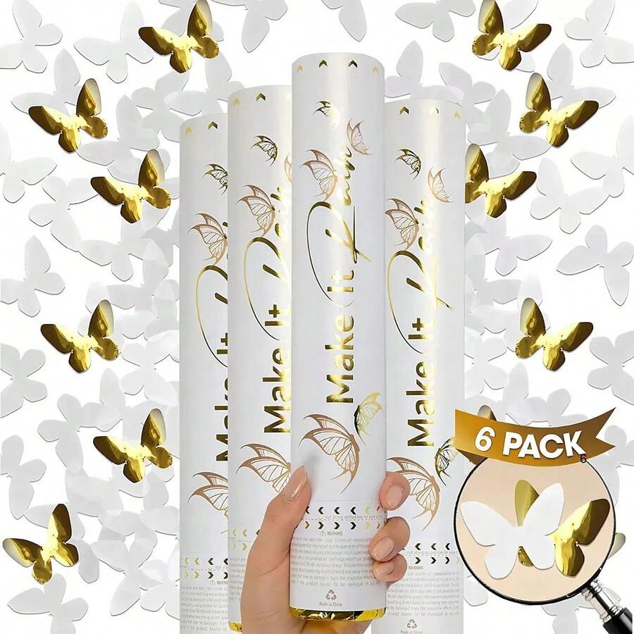 6pzs Cañones Confeti Diseño Mariposas Doradas Blancas, Confeti Para Fiestas De Boda, Eventos, Celebraciones De Cumpleaños - 1 - Ver 1