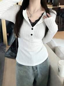 秋冬女款 2 合 1 針織底層上衣，甜辣風，修身蕾絲內層短版上衣 - 白色 - 查看 2