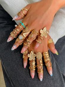 29/14/6pcs Vintage Exaggerated Bohemian Faux Pearl Turquoise Starfish Women's Ring Set, Suitable For Daily Wear, Beach, Vacation, Date, Layering - Yellow Gold - View 6