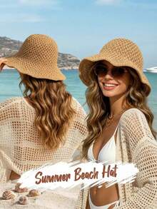 1pc Women's Vacation Style Summer Sun Protection Straw Bucket Hat, UPF 50+ Sun Hat, Suitable For Daily Outdoor Wear And Beach Travel Photography - A - View 11