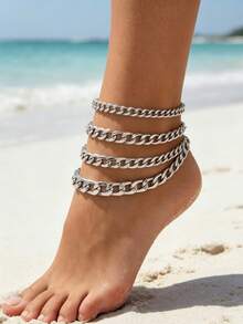 imoli 4pcs/Set Bohemian Holiday Vacation Style Metal Multi-Layer Anklet Set, Suitable For Women Beach Party Jewelry Gift - 32761-ank-g-eP - View 6