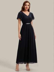 EVERPRETTY Women's Elegant Romantic V-Neck Short Sleeve Ruffle Sleeve Chiffon Evening Dress, Suitable For Spring/Summer Wedding, Formal Occasion, Graduation Party, Holiday, Birthday Party - Black - View 4