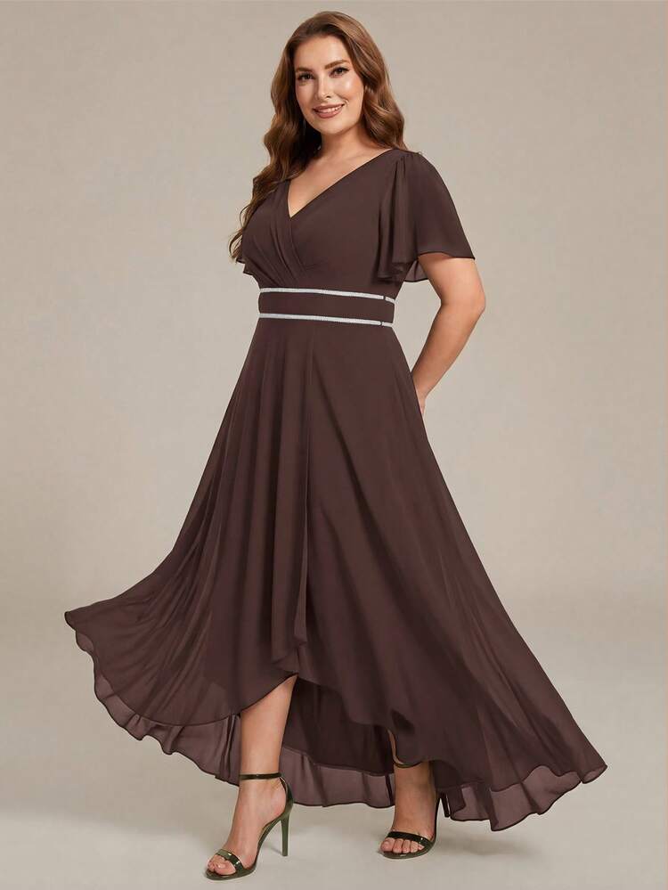 EVERPRETTY Plus Size Fall Brown Formal Wedding Guest Dress With Ruched V-Neck Beaded Chain Waist Flutter Sleeves And High-Low Chiffon Mother Of The Bride Party - Brown - View 5