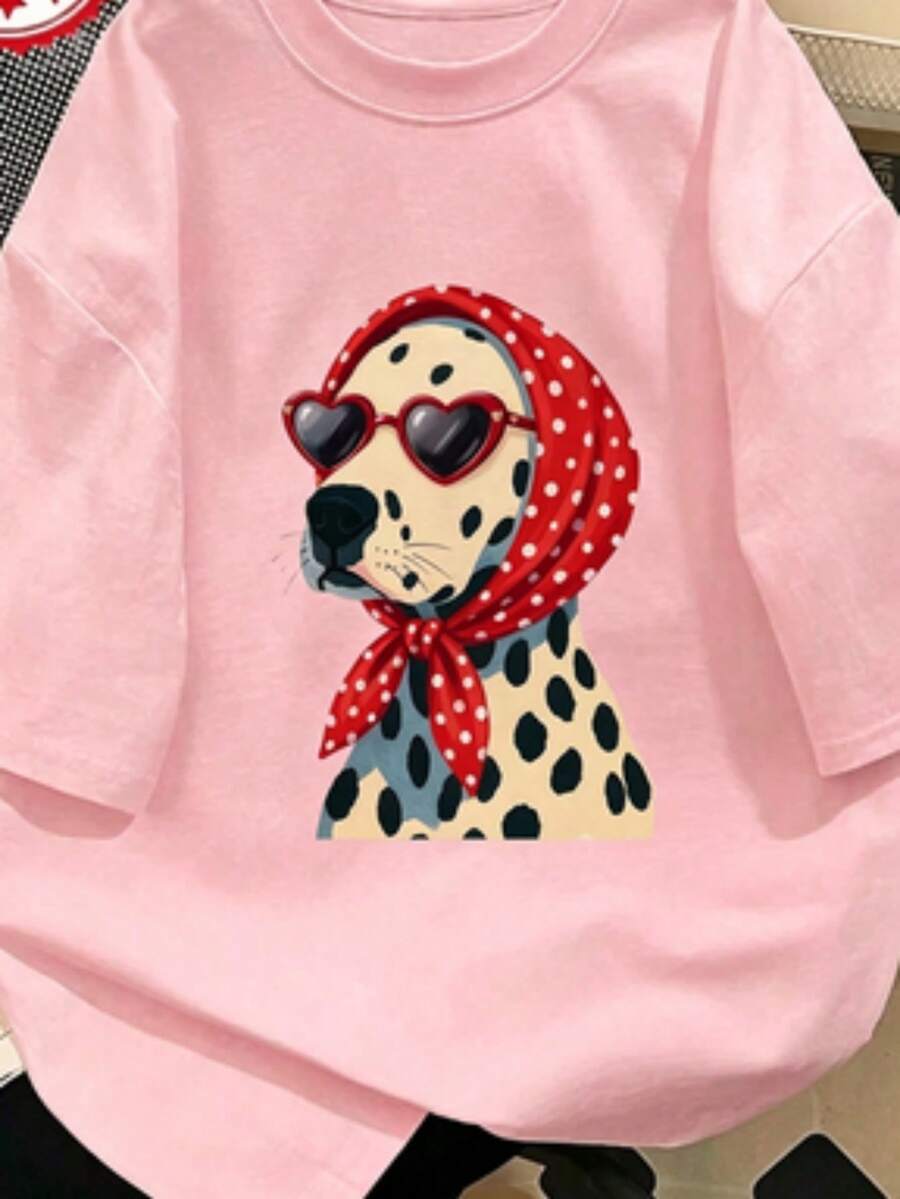 Women's 100% Cotton T-Shirt With Dalmatian Print, Dog Graphic With Red Polka Dot Bandana, Casual Loose Fit, Short Sleeve, Fun And Unique Gift For Dog Lovers - 粉色 - 查看 1