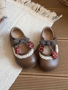 Girls' Mushroom Bow Soft Sole Mary Jane Princess Shoes - Brown - View 2