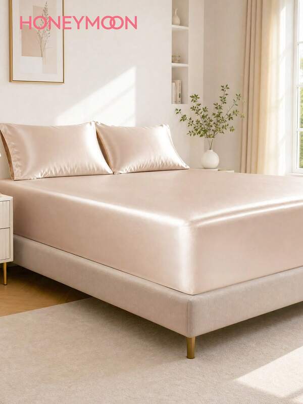 HONEYMOON 2/3pcs Solid Color Satin Bedding Set, 1pc Satin Fitted Sheet + 1/2pcs Satin Pillowcases, Soft Breathable Wrinkle-Resistant, Improve Sleep Quality, Great Gift, Suitable For All Bed Sizes - Single, Double, Queen, King, Suitable For Home And School Dorm Use, 13.78in/35cm Deep Pocket, Back To School Essential, Oeko-Tex Certified, Champagne