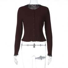 Fashionable Cardigan Button-Up Top Slim Fit Long Sleeve Scalloped Hem T-Shirt For Women - Brown - View 5
