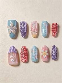 10pcs Medium-Long Almond Shape Summer 3D Floral Ocean Wearable Fake Nails With Starfish, Shell, Pearl, Instant Appearance Upgrade, Highlight Personal Simple Elegance, Elegant Minimalist, Y2K Little Princess Minimalist Sexy Style, Suitable For Women And Girls Daily Use, Also A Delicate Gift For Women And Girls, Press-On Nails Nail Supplies - Multicolor - View 7