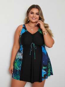 2026 Vacation Style Plus Size Swimdress: Vibrant Tropical Leaf Print On Black Base For A Fresh And Modest Beach Look - Black - View 3